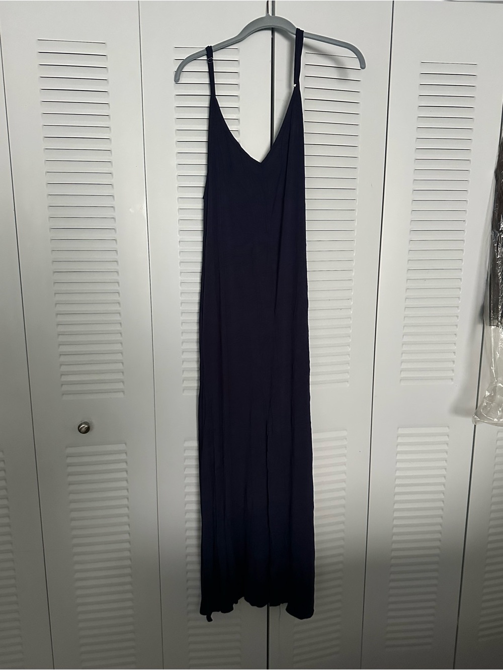 Women’s Navy Maxi Slip Dress with Spaghetti Straps and Pockets